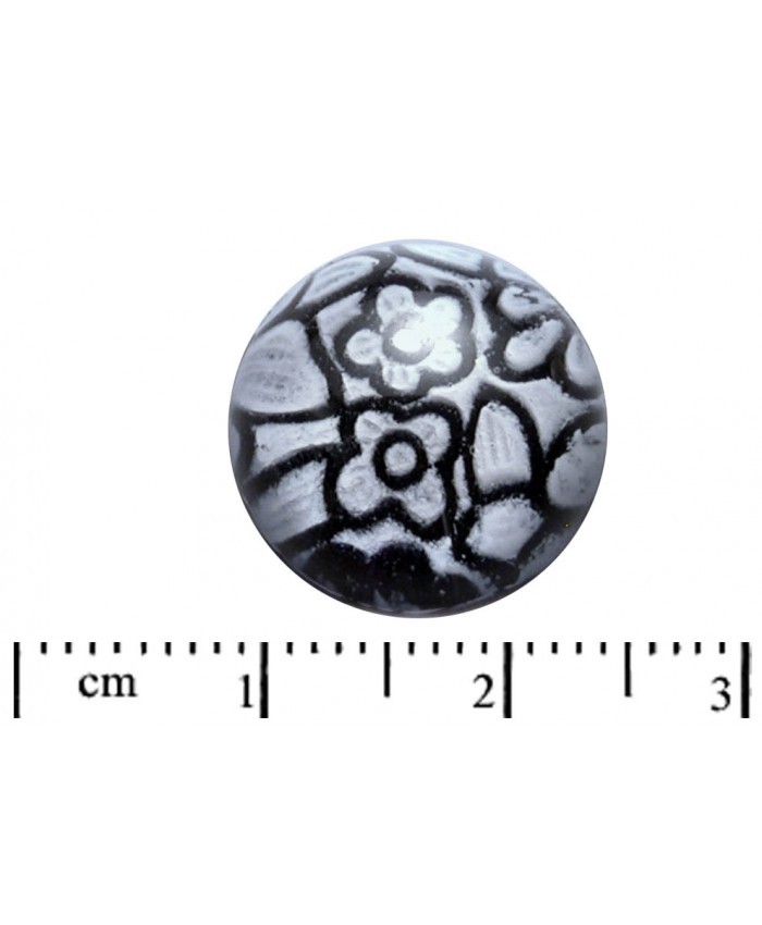 Kabašon kruhový - 15mm, černá s bílými květy