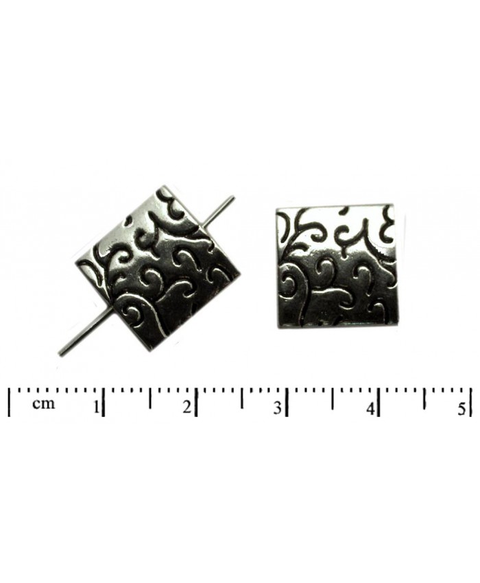 Kovový korálek, čtverec s reliéfem - 15mm, stříbro