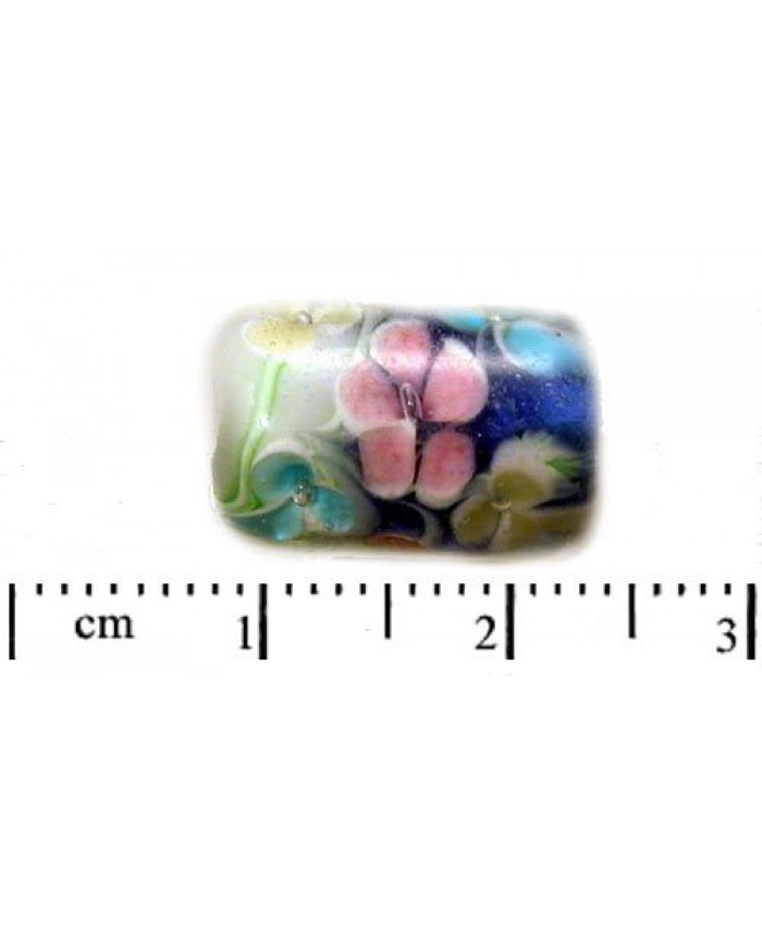 Vinuté perle import - váleček s kytičkami, 16x10mm, modrá + bílá