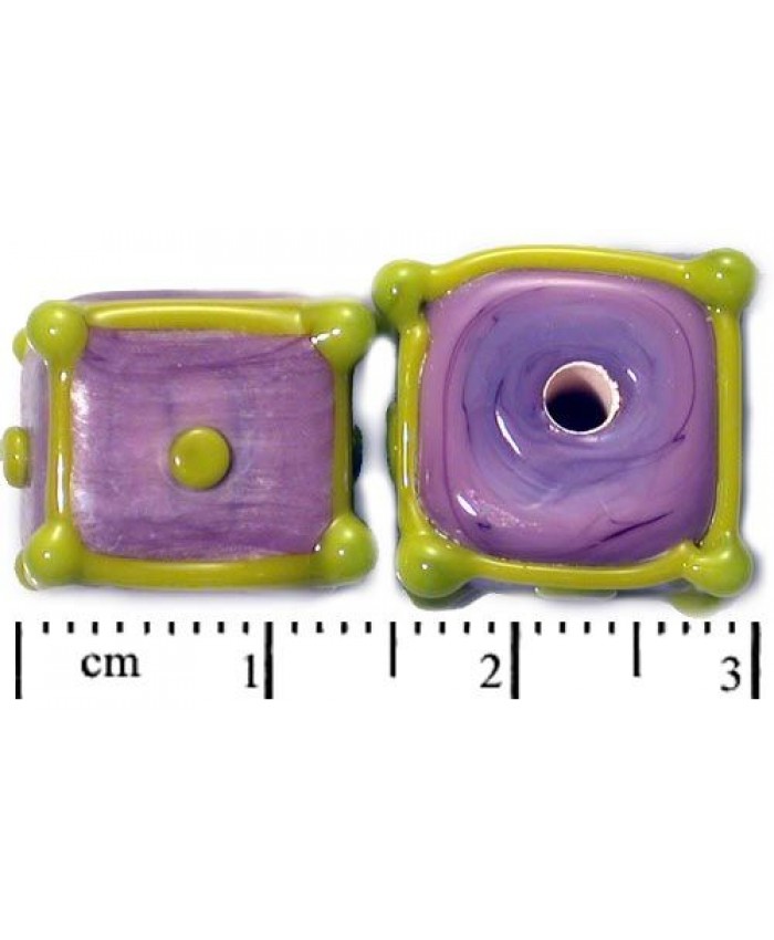 Vinuté perle české - kostka zdobená tečkami, 12mm, fialová + zelená