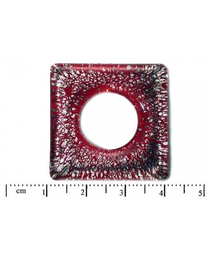 Skleněný přívěsek, čtverec s otvorem - 35mm, červená + stříbro